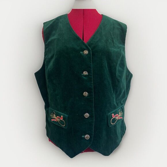 Susan Bristol New Traditions‎ Vest Women's 16 Green Velvet Embroidered Pockets - Picture 1 of 10